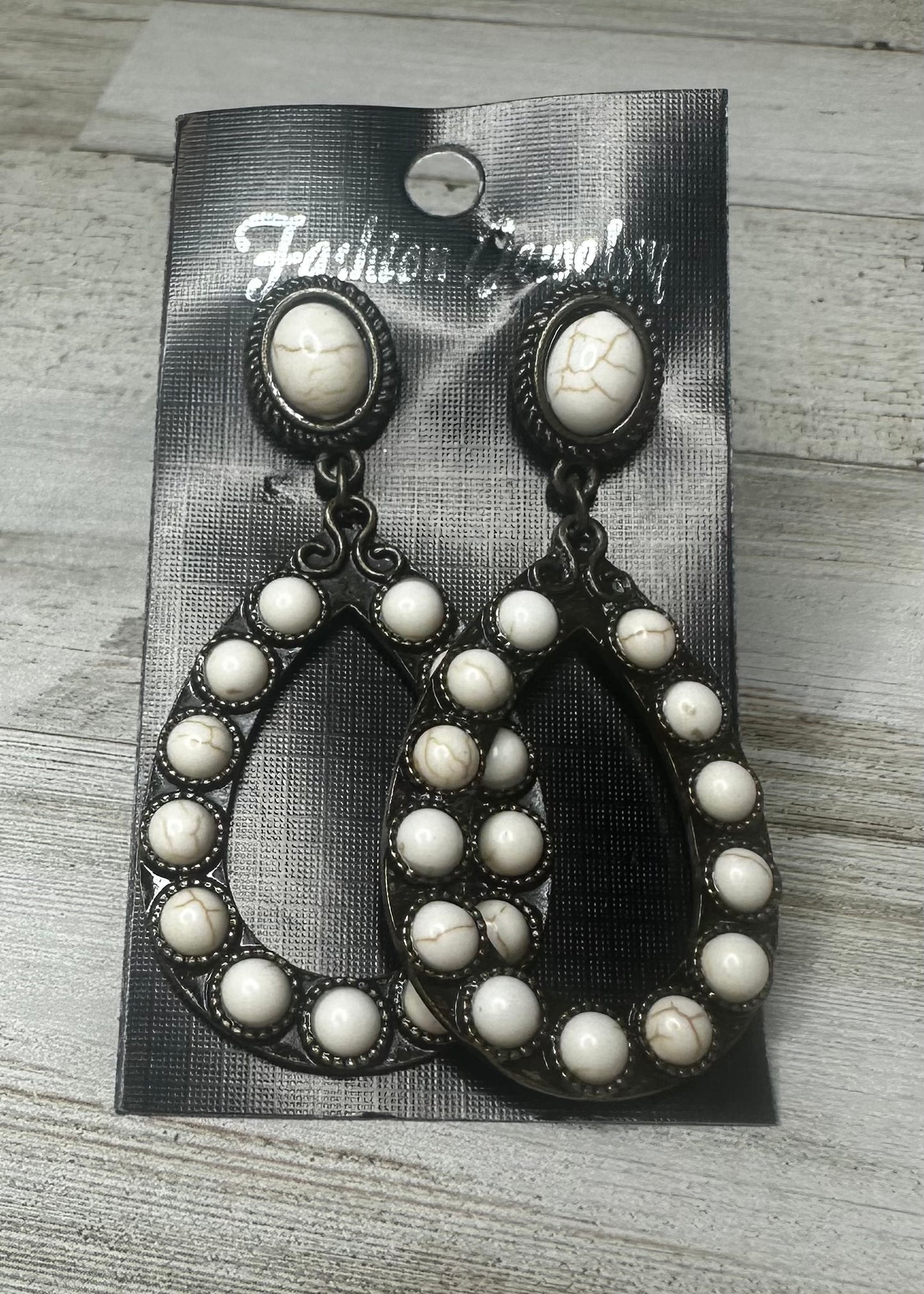 White Stone Bronze Metal Earrings