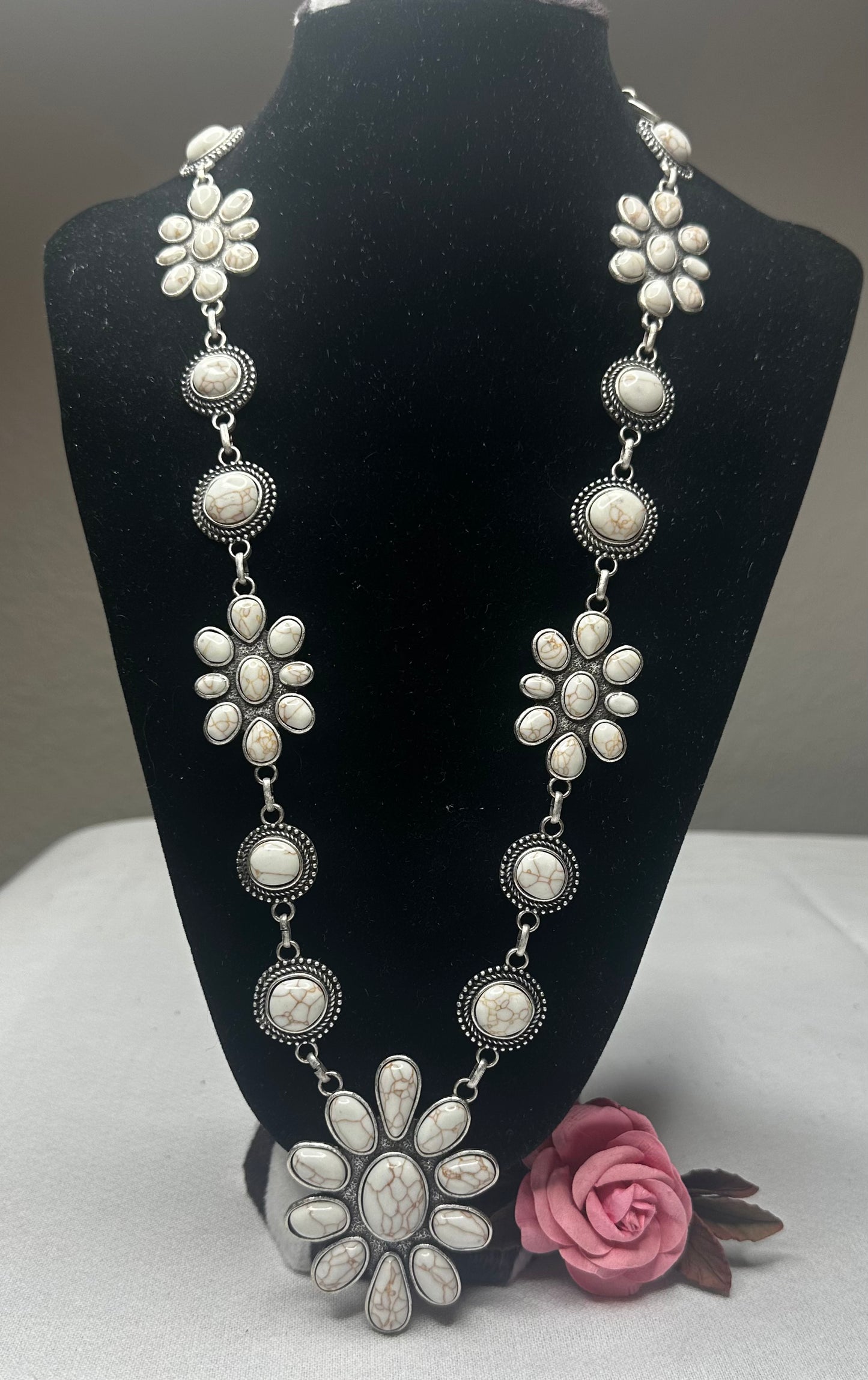 White Stone Squash Blossom Style Necklace