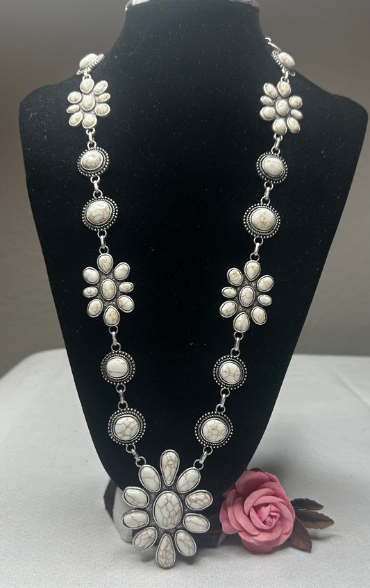 White Stone Squash Blossom Style Necklace