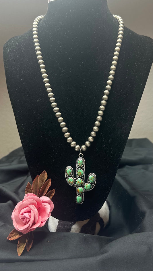 Green Turquoise Cactus Pendant Necklace