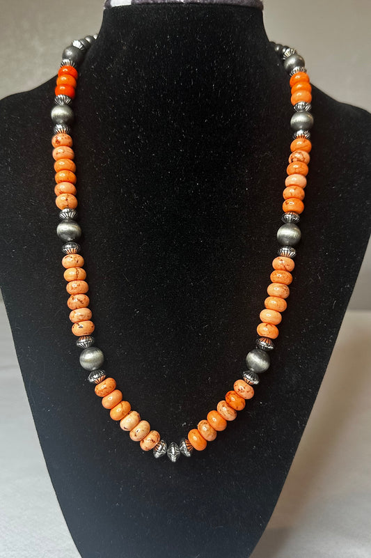 Coral and Brushed Silver Bead Necklace