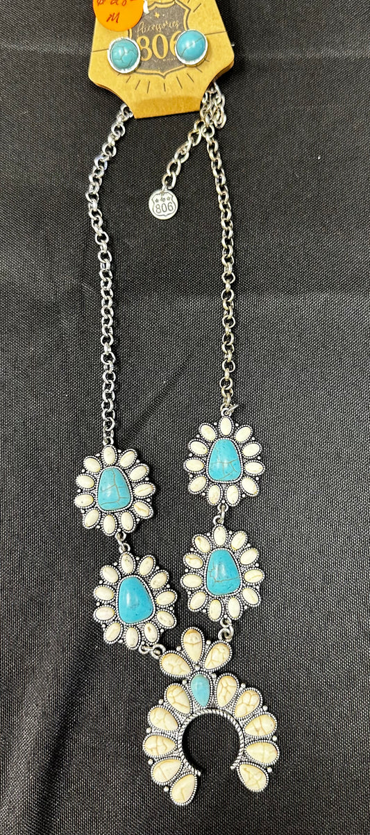 Turquoise and White Squash Blossom Necklace